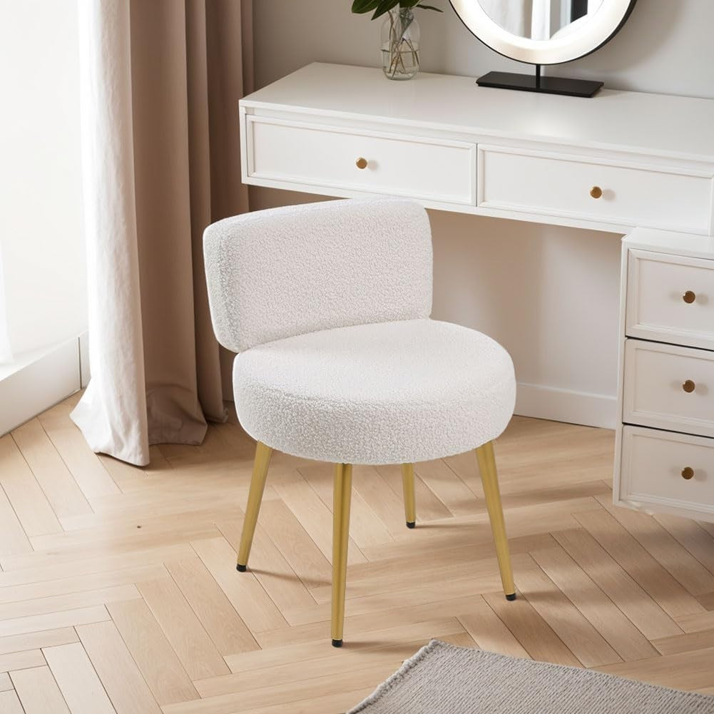 White Teddy Velvet Vanity Stool with Gold Legs – Tufted Back Dressing Chair