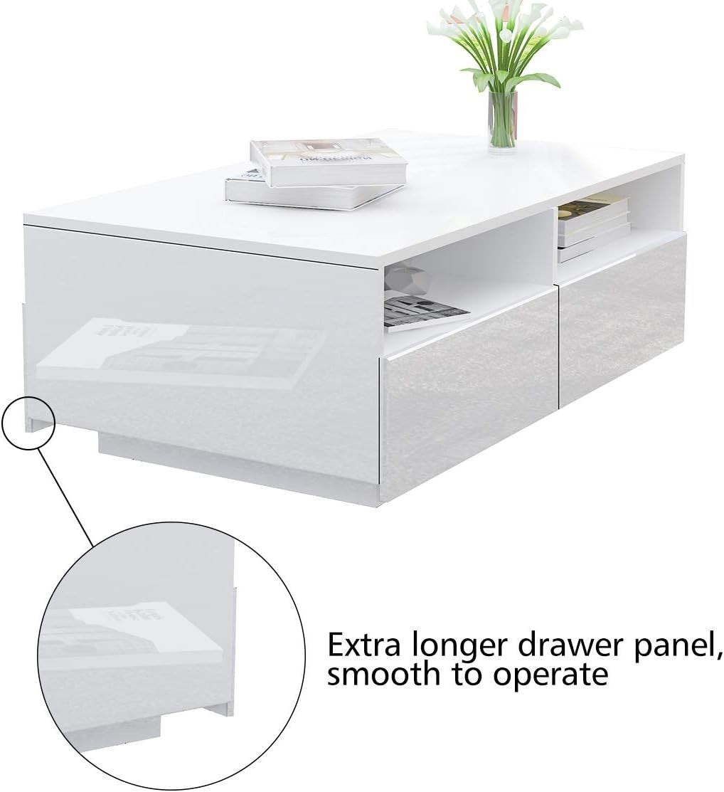 Modern White Gloss Coffee Table with 4 Drawers & LED Light 85x55x35cm