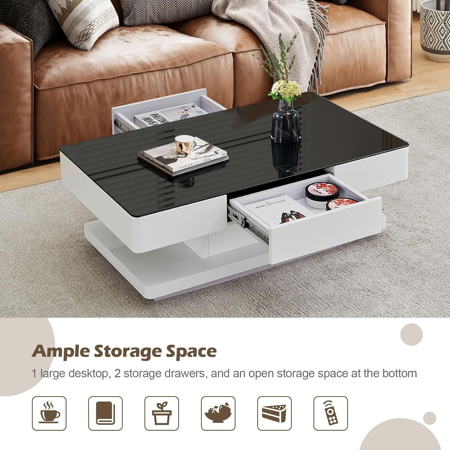 High Gloss Tempered Glass Coffee Table with 2 Drawers Storage 100x60cm