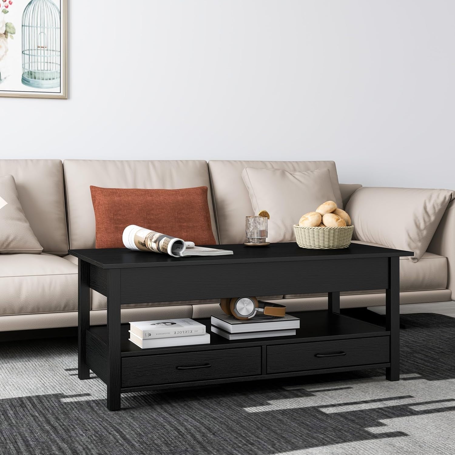 Lift-Up Coffee Table with Storage Drawers & Hidden Compartment Black Wood