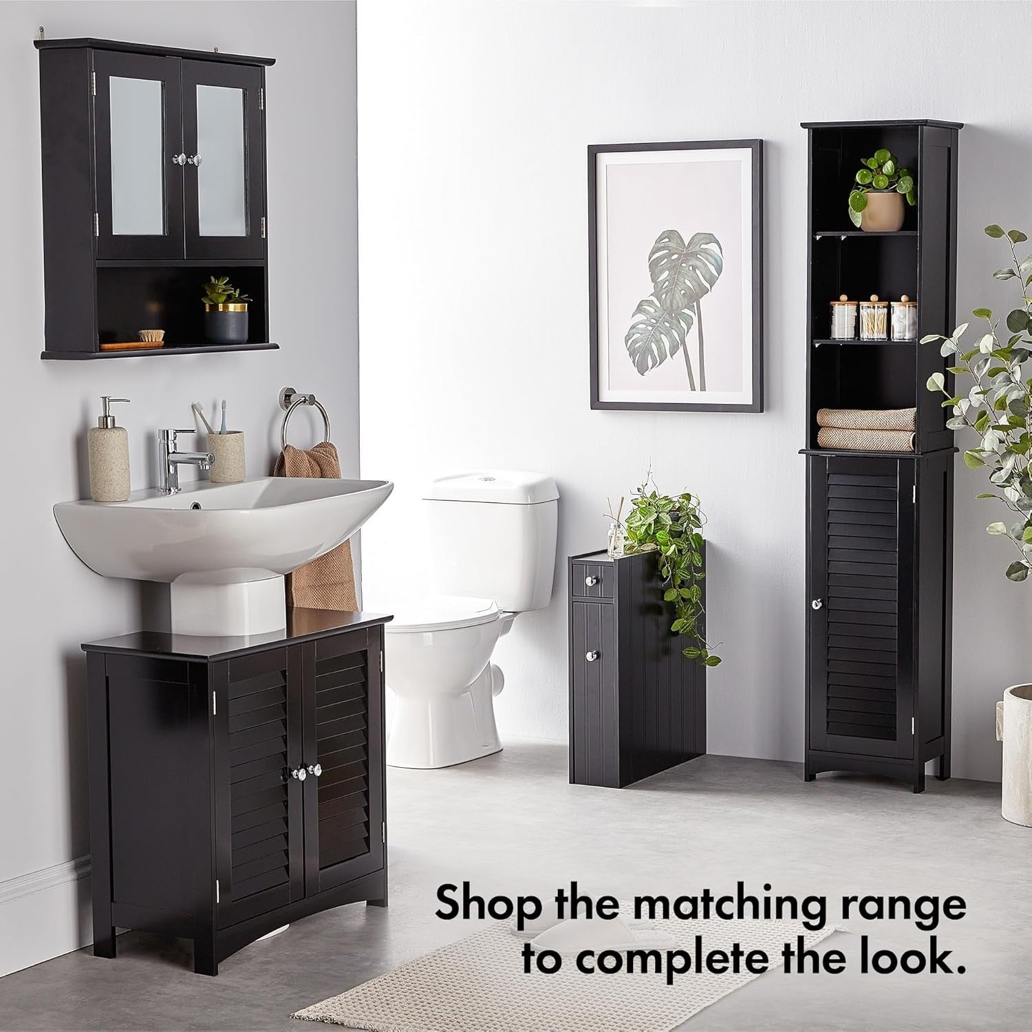 Slim Tall Bathroom Storage Cabinet with Door & 6 Shelves – Black Unit