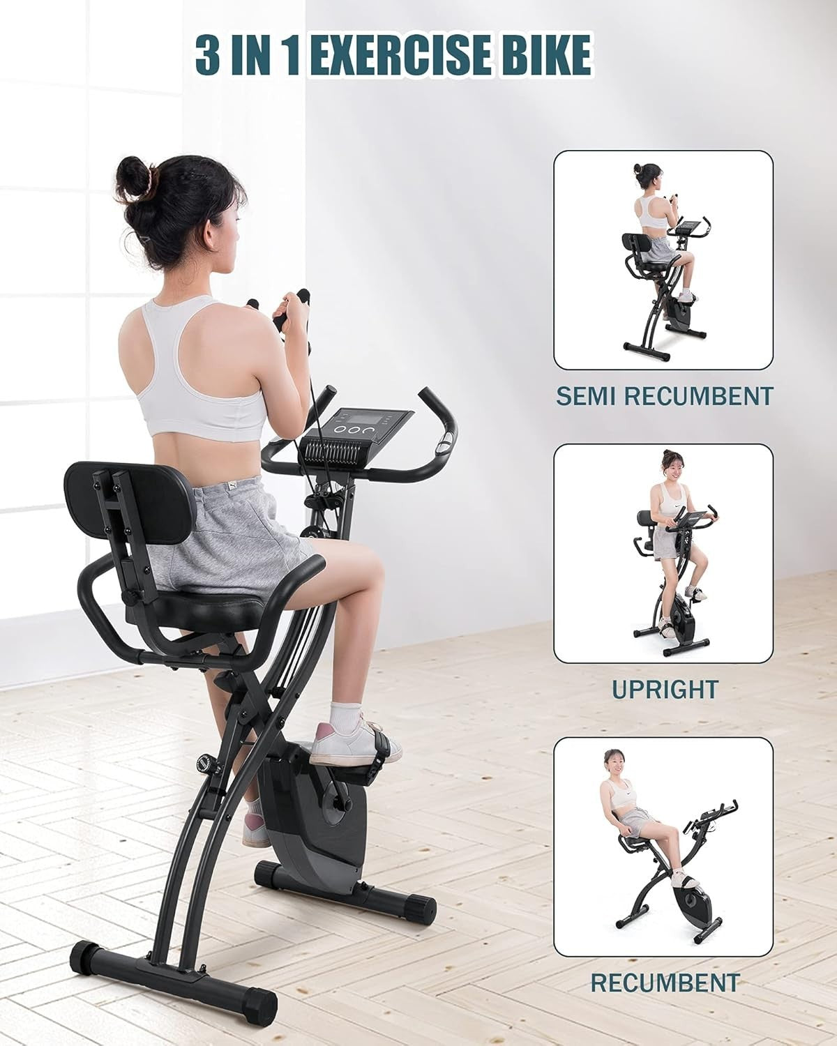 Folding Exercise Bike 3-in-1 Magnetic Recumbent Upright LCD Bands Quiet Home