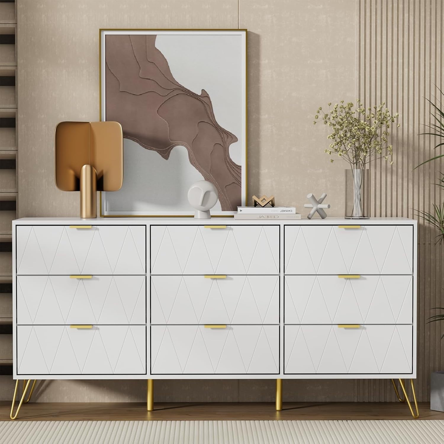 White 9 Drawer Dresser Cabinet Modern Wide Storage Unit for Bedroom Hallway