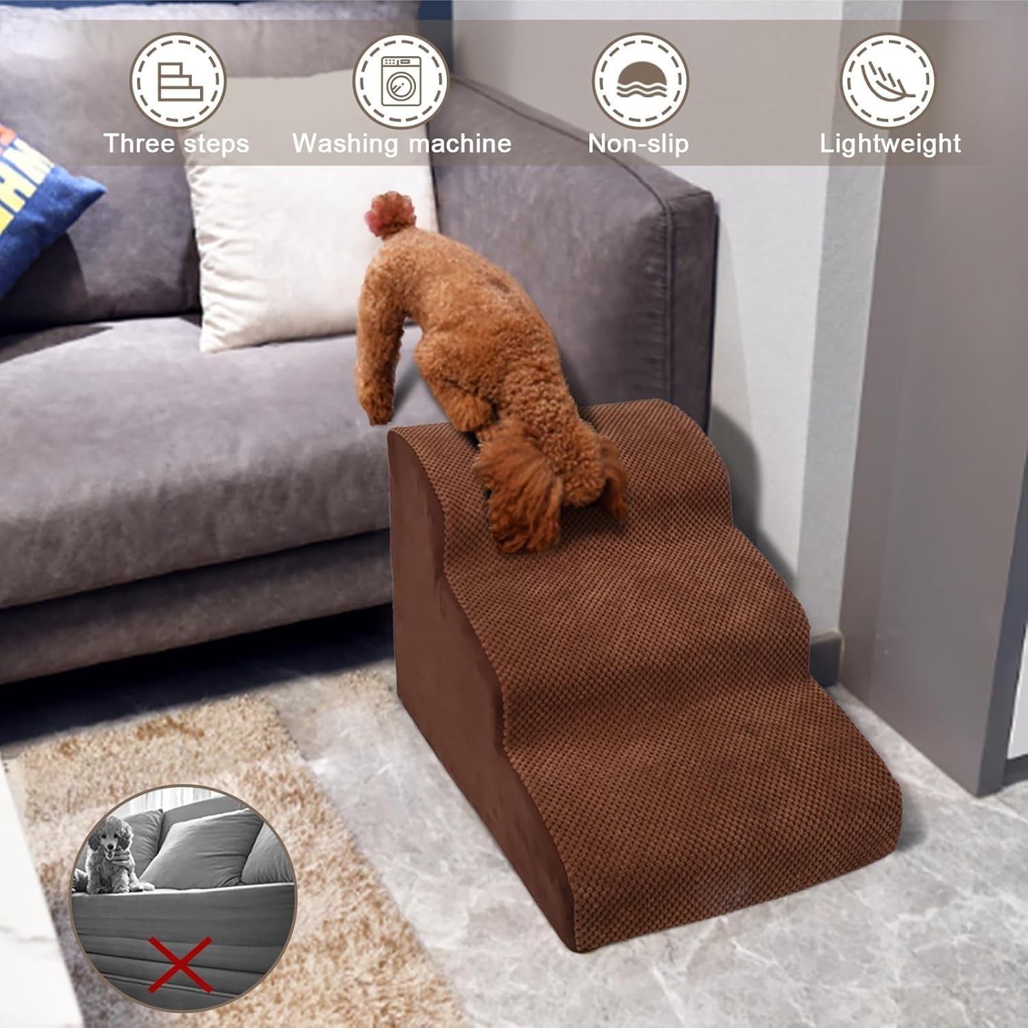 3-Step Dog Stairs Bed Sofa Non-Slip Foam Pet Ladder Brown