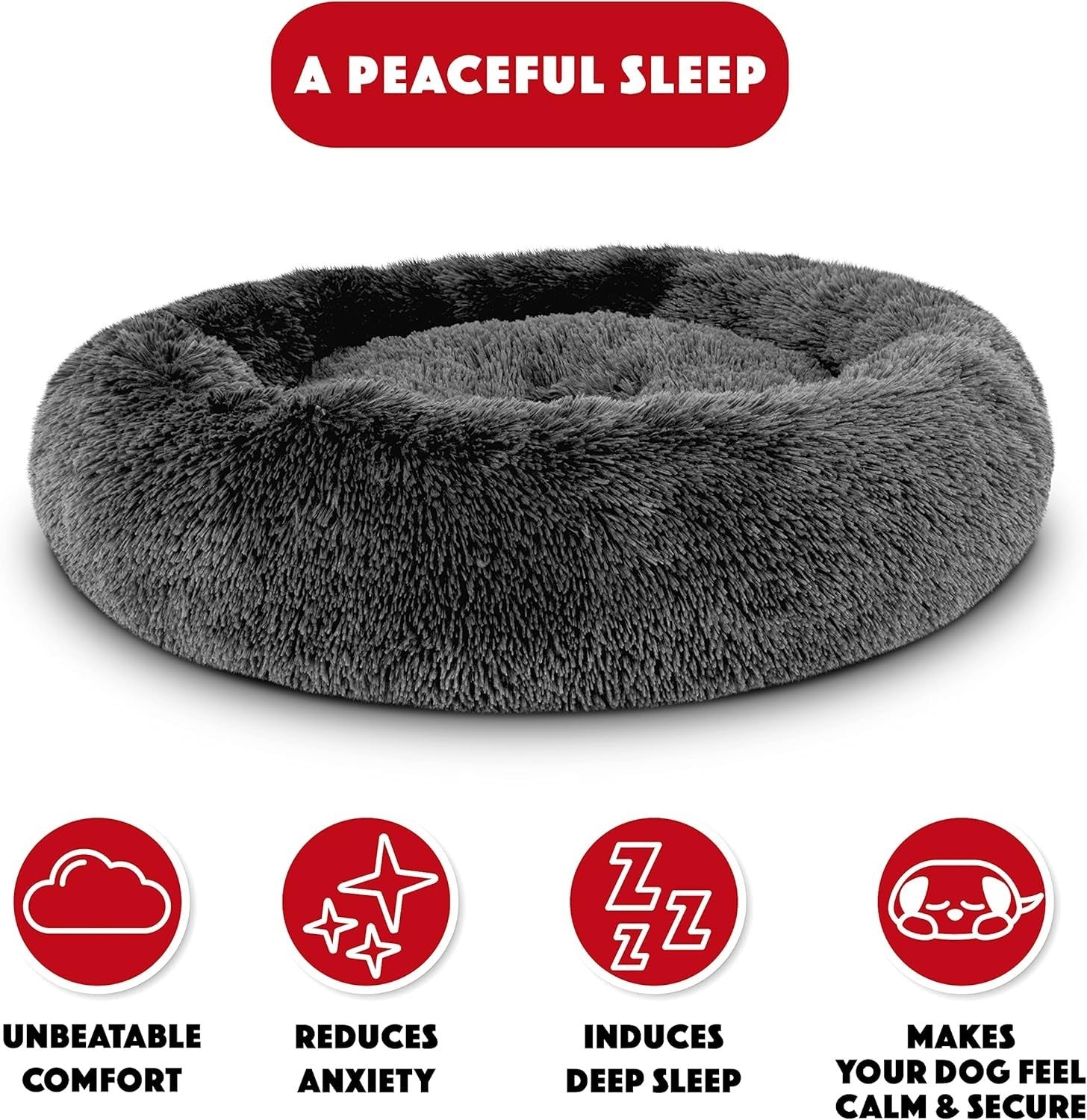 Medium Plush Donut Dog Bed 76cm Calming Round Nest Grey