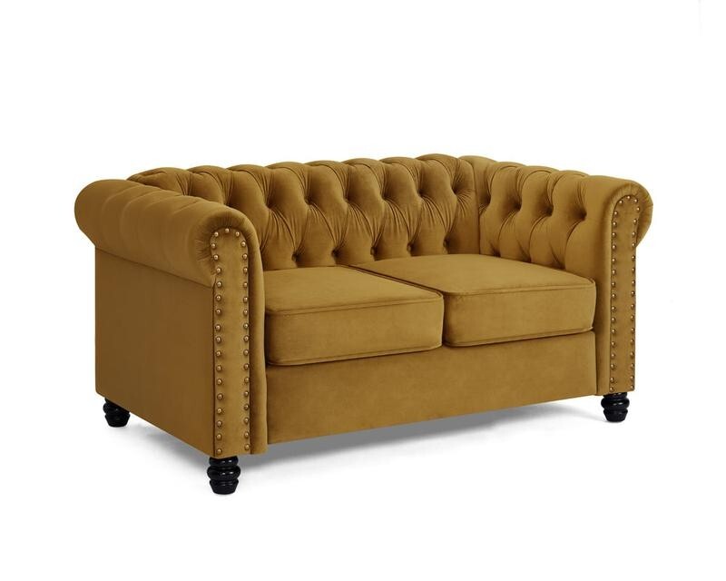 Gold Velvet Chesterfield 2 Seater Sofa Tufted Scroll Arm Couch UK