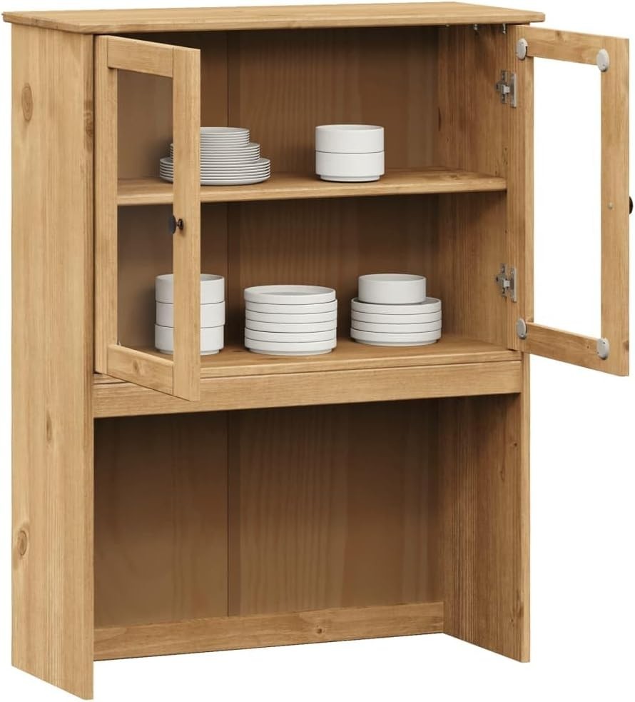 Pine Wood Dresser Top Cabinet 4 Shelves Glass Doors Kitchen Storage Brown