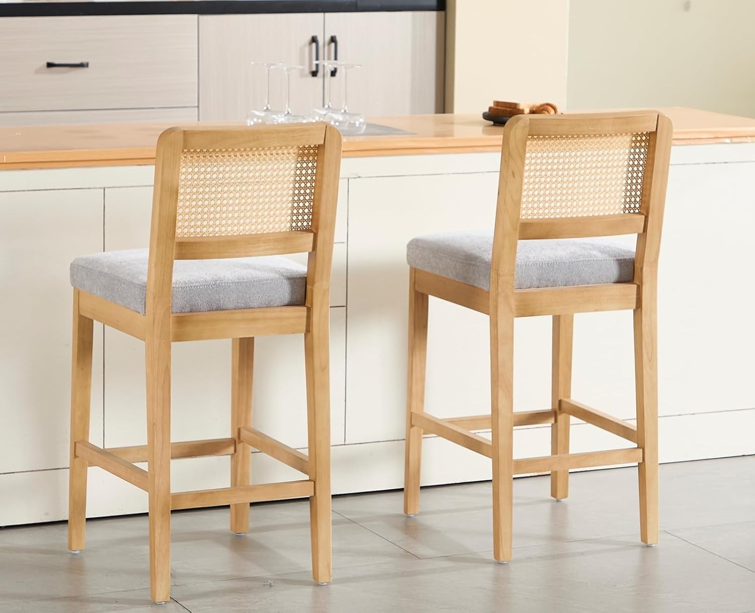 Grey Rattan Bar Stools Set of 2 Cushioned Counter Chairs Wooden Frame