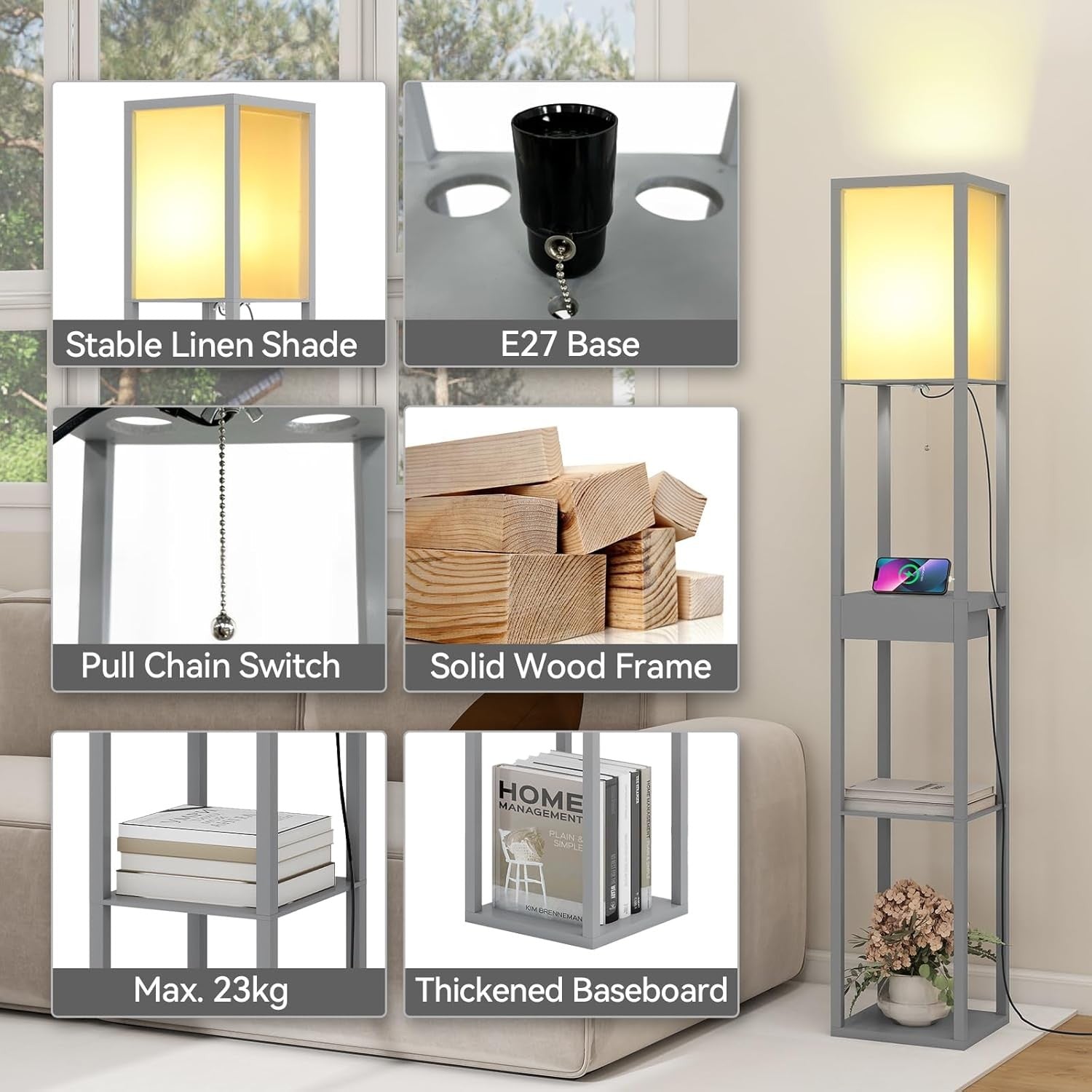 Floor Lamp with Shelves Storage LED Light USB Charging Drawer Modern Grey