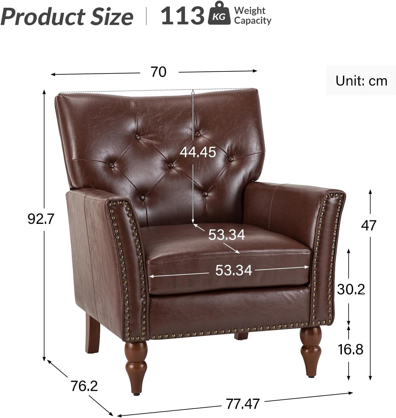 Faux Leather Armchair Brown Tufted Chair Vintage Nailhead for Lounge Reading