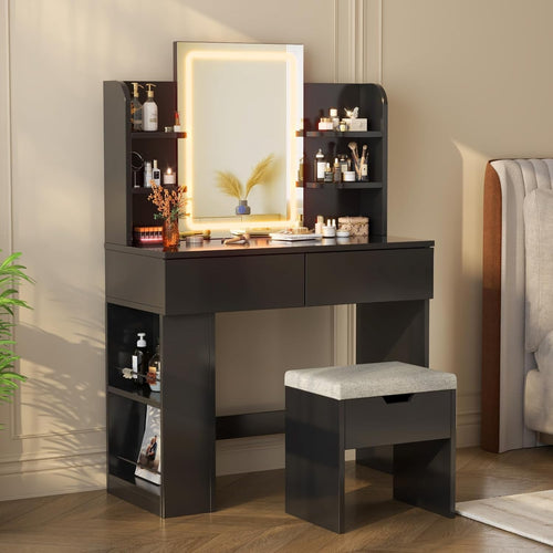 Vanity Dressing Table with LED Mirror Makeup Desk 2 Drawers & Linen Stool