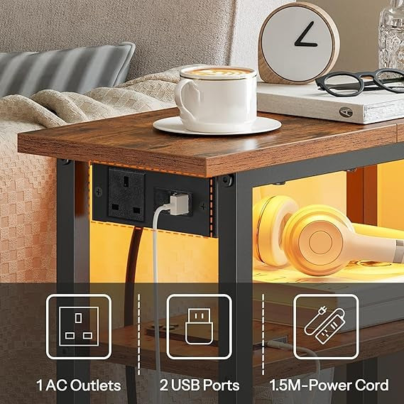 Slim Side Table with Charging Ports & LED Light, Narrow Bedside Nightstand