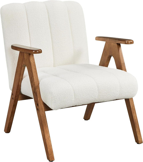 Boucle Accent Armchair Mid Century Lounge Chair Solid Wood Legs White