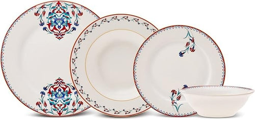 24 Piece Bone China Dinner Set for 6 White Patterned Plates Bowls Crockery