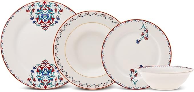24 Piece Bone China Dinner Set for 6 White Patterned Plates Bowls Crockery