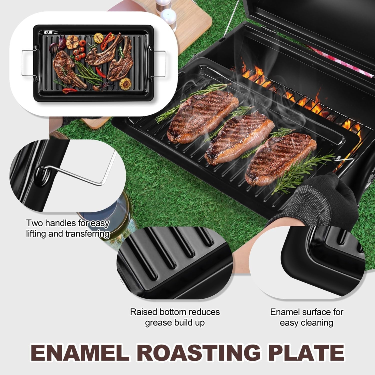 Portable Folding Charcoal BBQ Grill with Roasting Plate & Dual Grill Racks