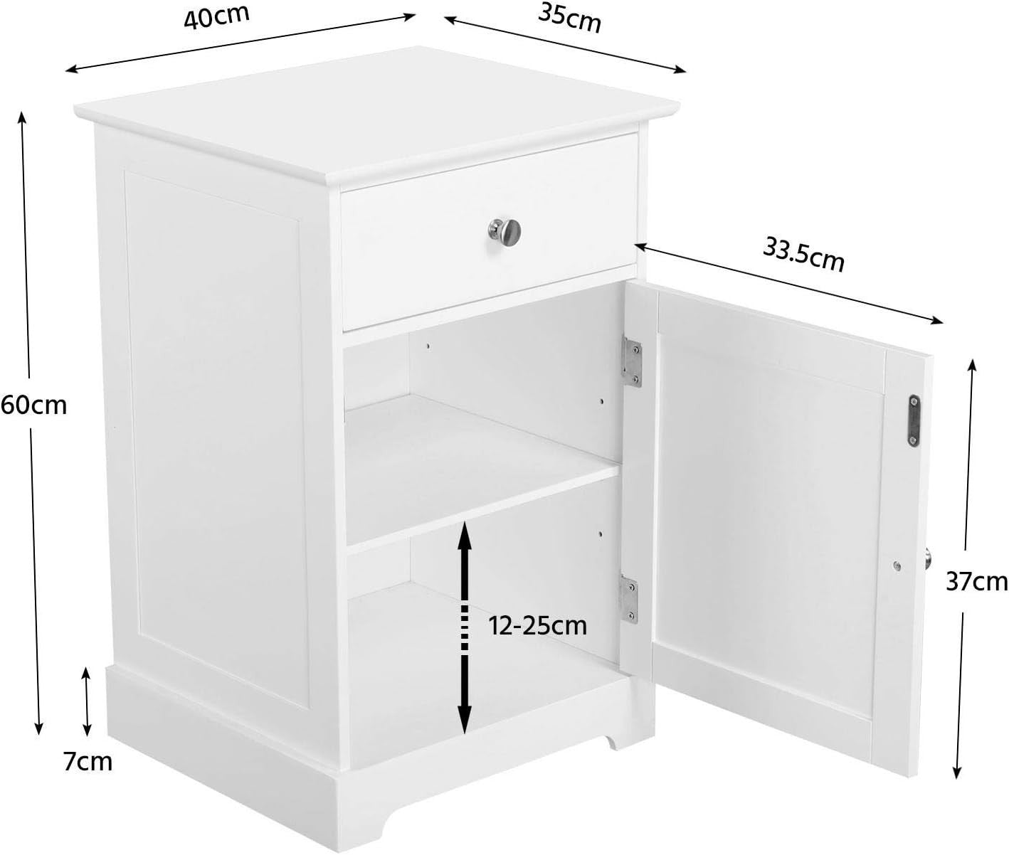 White Wooden Bedside Tables Set of 2 with Drawer & Cupboard