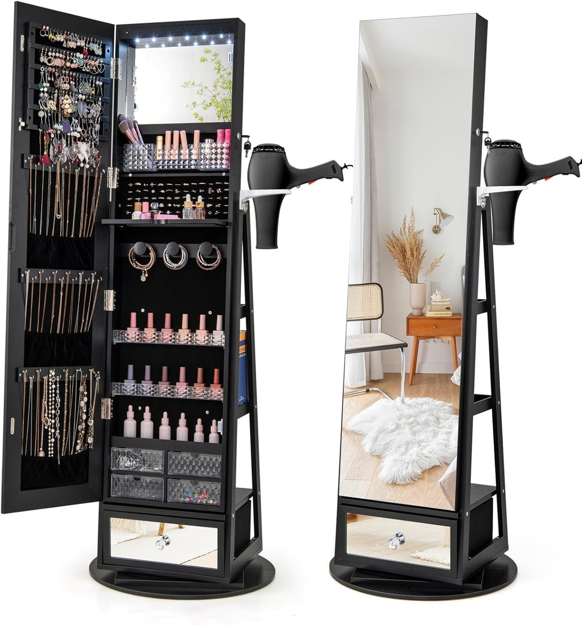 Black 360° Swivel LED Jewelry Cabinet Full Length Mirror Lockable Storage