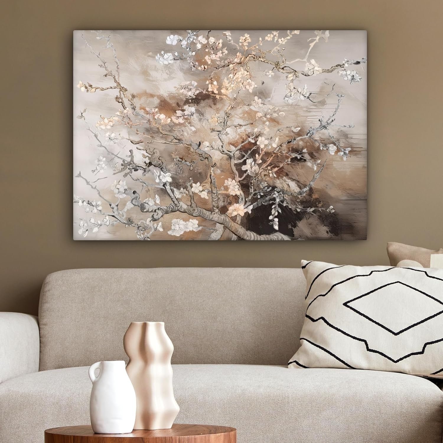 Almond Blossom Abstract Canvas Wall Art Beige Floral 70x50cm Living Room Decor