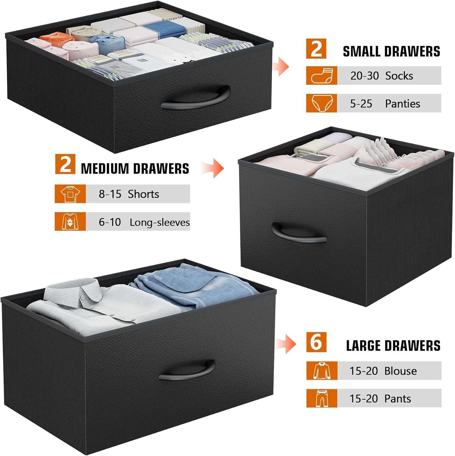 Black 10 Drawer Tall Chest with Fabric Drawers, Hooks & Side Storage Pockets