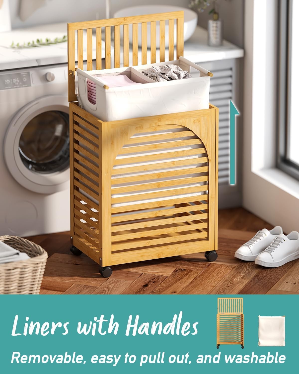 103L Bamboo Laundry Hamper on Wheels Large 2 Section Basket with Lid & Liner