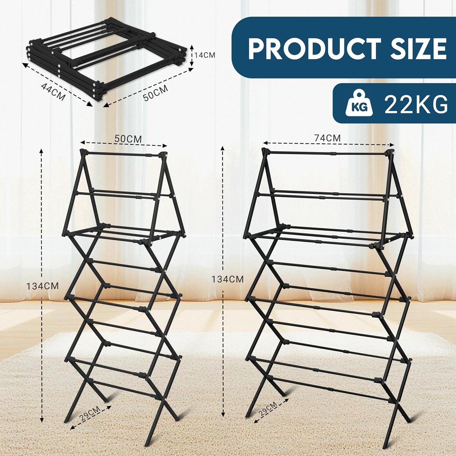 4 Tier Clothes Airer Extendable Foldable Drying Rack Space Saving Black