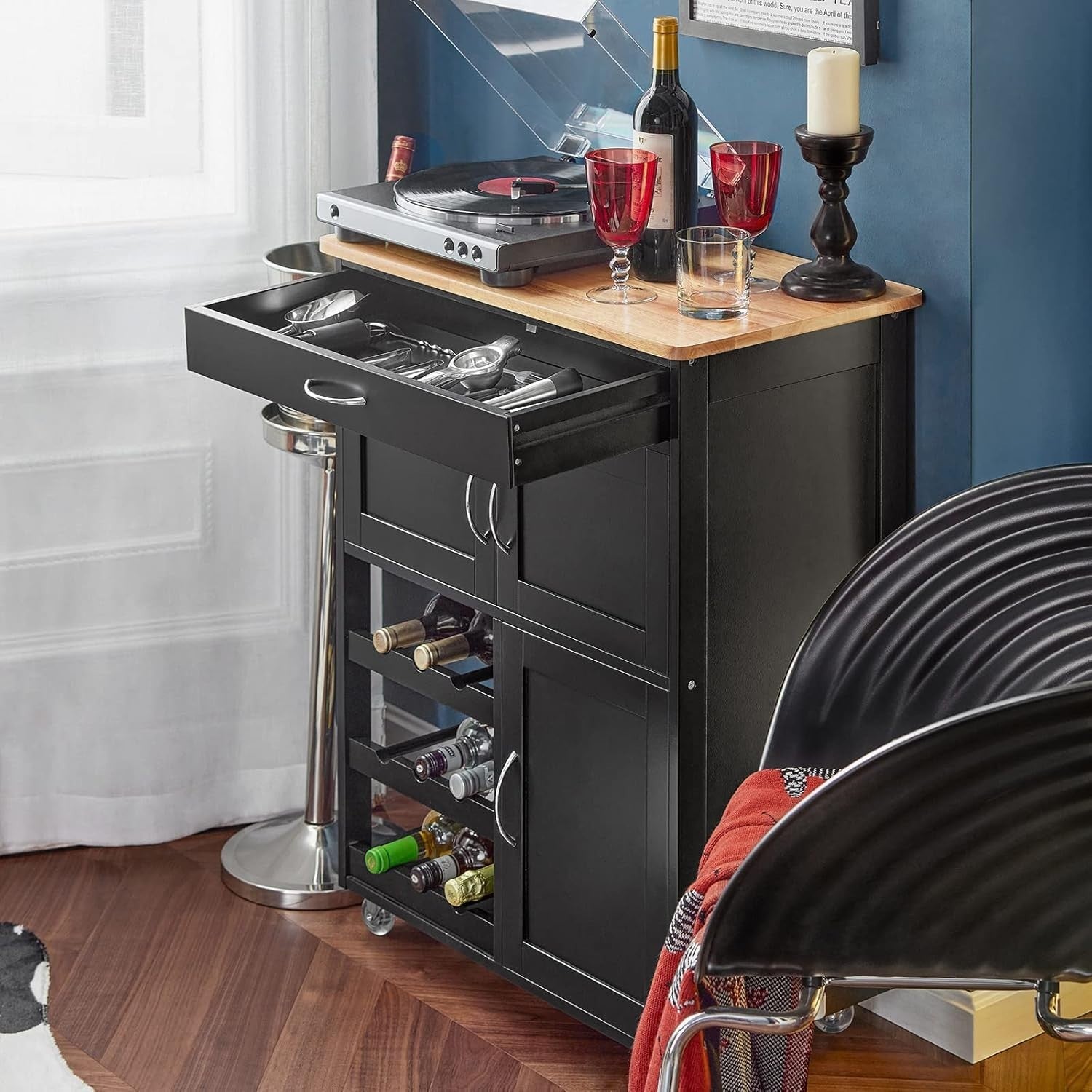 Black Kitchen Island Cart 67cm Wine Rack Wheels