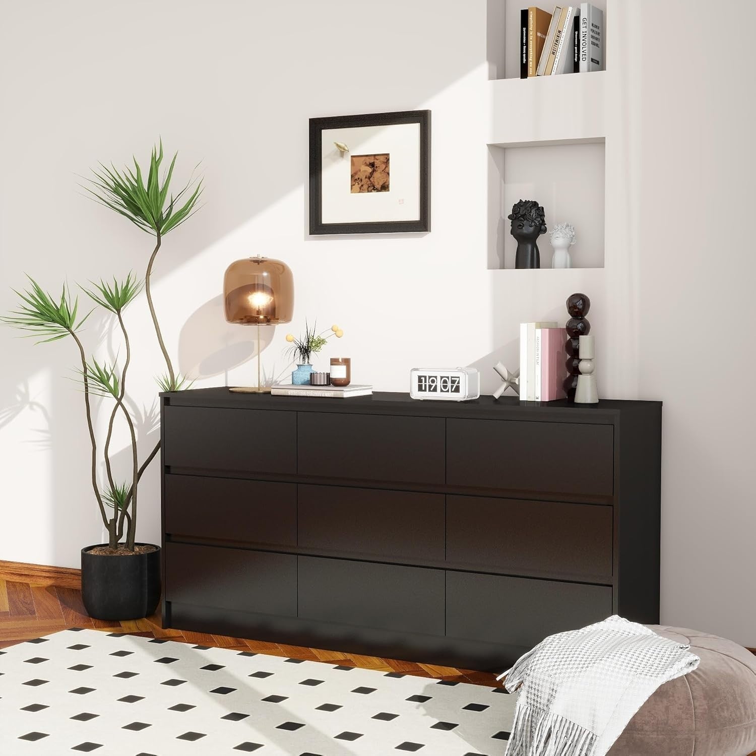 Black 9 Drawer Dresser Chest Storage Unit Wide Modern Bedroom Cabinet
