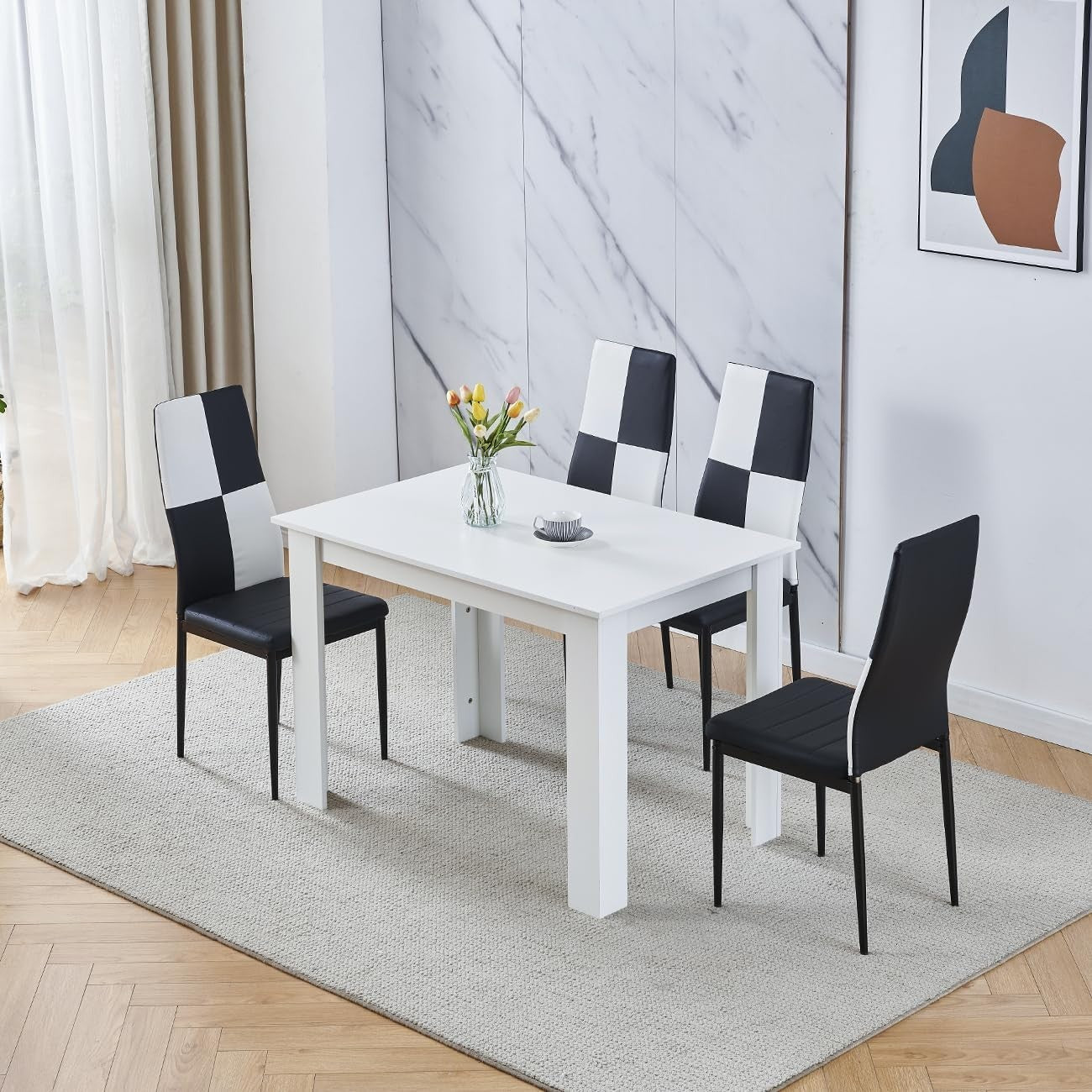 Modern 5-Piece White Dining Table & 4 Black & White PU Leather Chairs Set