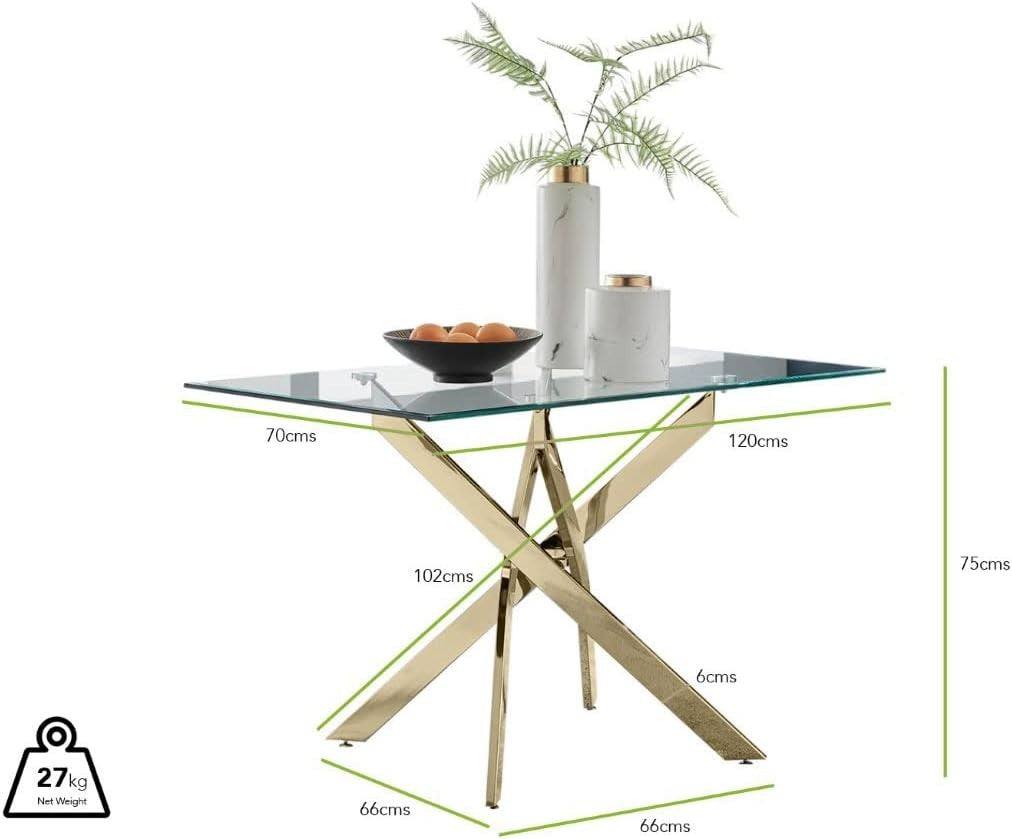 Modern Gold Metal & Clear Glass Rectangular Dining Table 120x70cm
