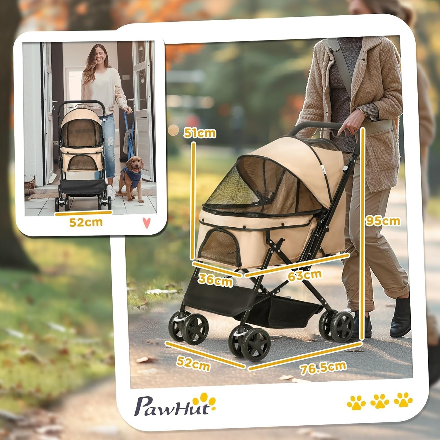 Light Brown Dog Pushchair Foldable Pet Stroller Reversible Handle EVA Wheels