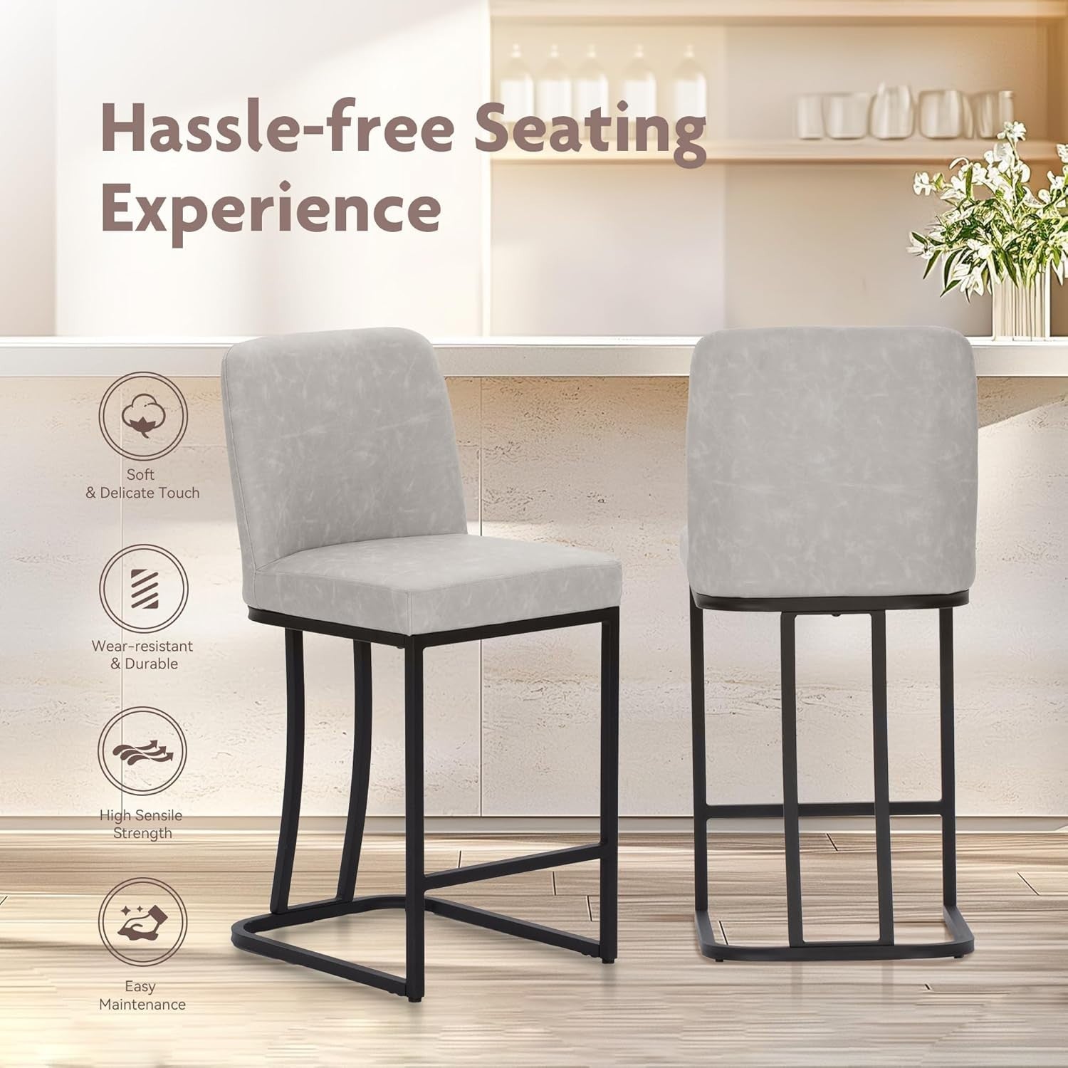 Set of 2 Light Grey PU Leather Bar Stools Modern Kitchen Counter Chairs