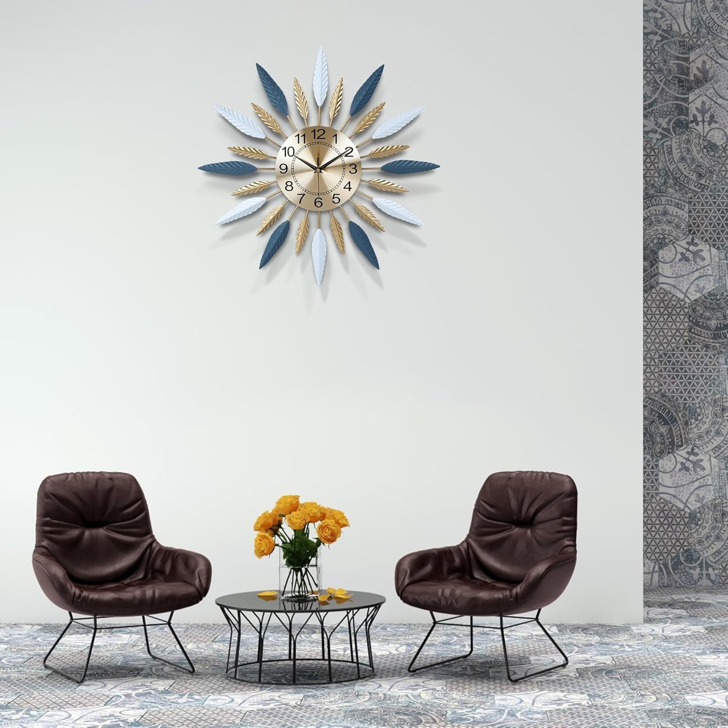 56cm Large Sunburst Wall Clock Blue Gold Metal Modern Silent Decorative Art