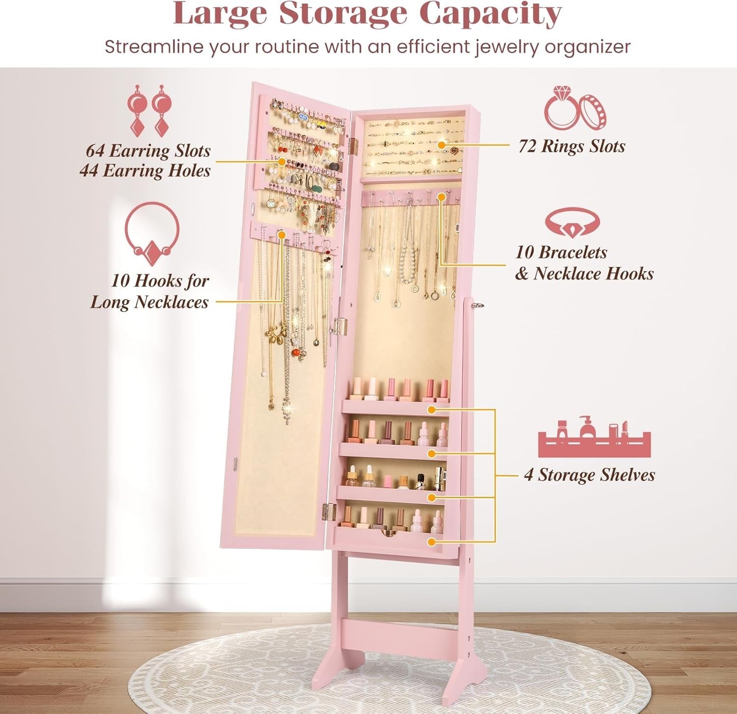 Full Length Mirror Jewelry Cabinet Freestanding Armoire Large Storage