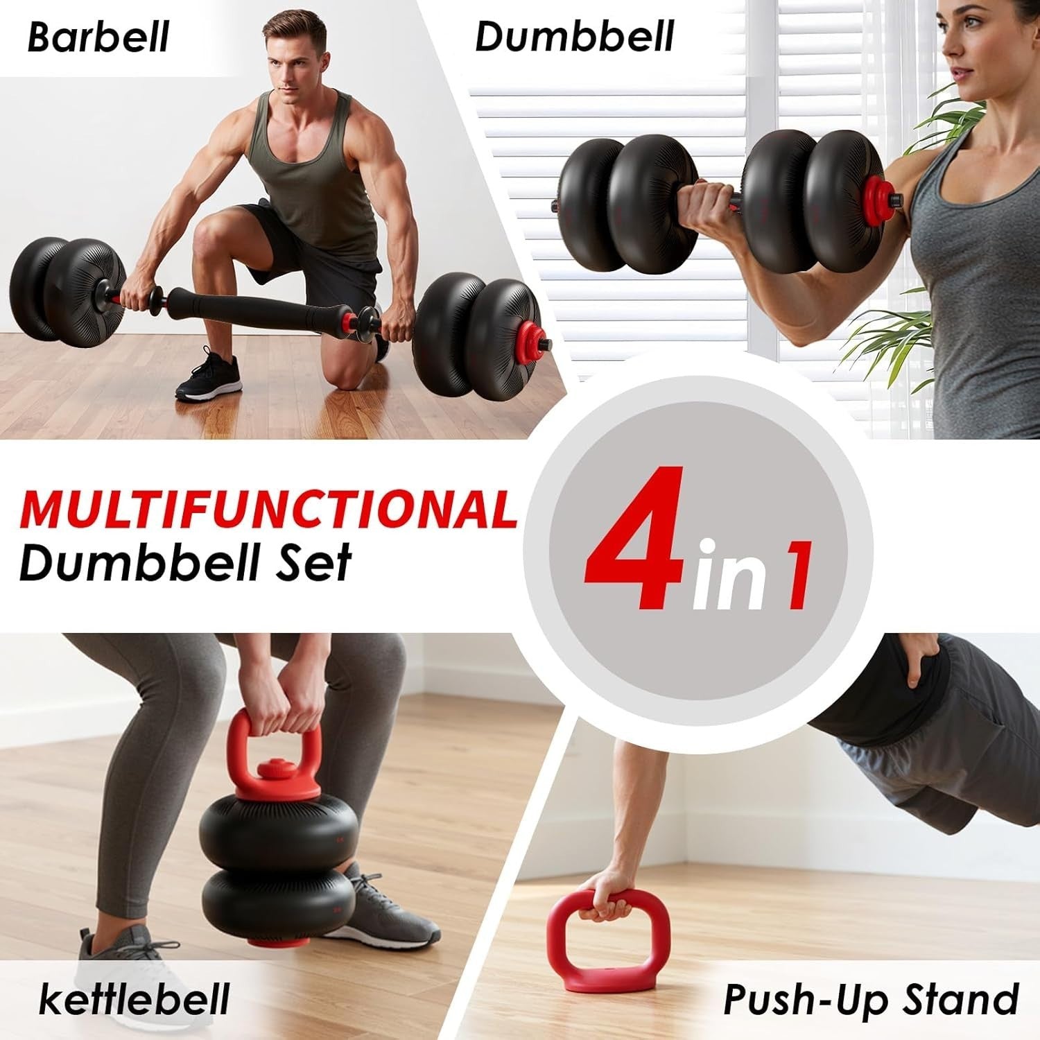 Adjustable Home Gym Weight Set 4-in-1 Dumbbell Barbell Kettlebell Push Up