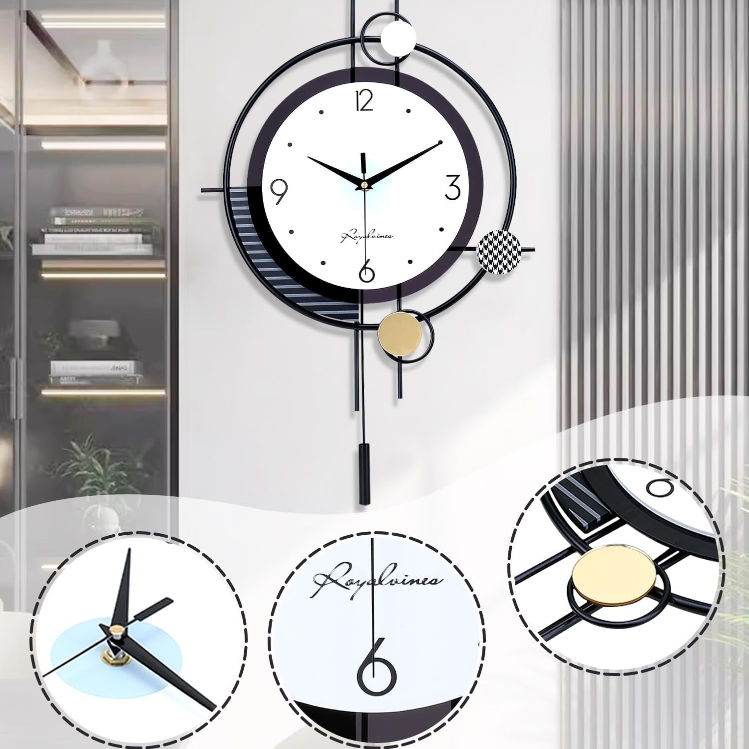 Modern Silent Wall Clock Large Luxury Decorative Non-Ticking Metal Clock 38×58cm