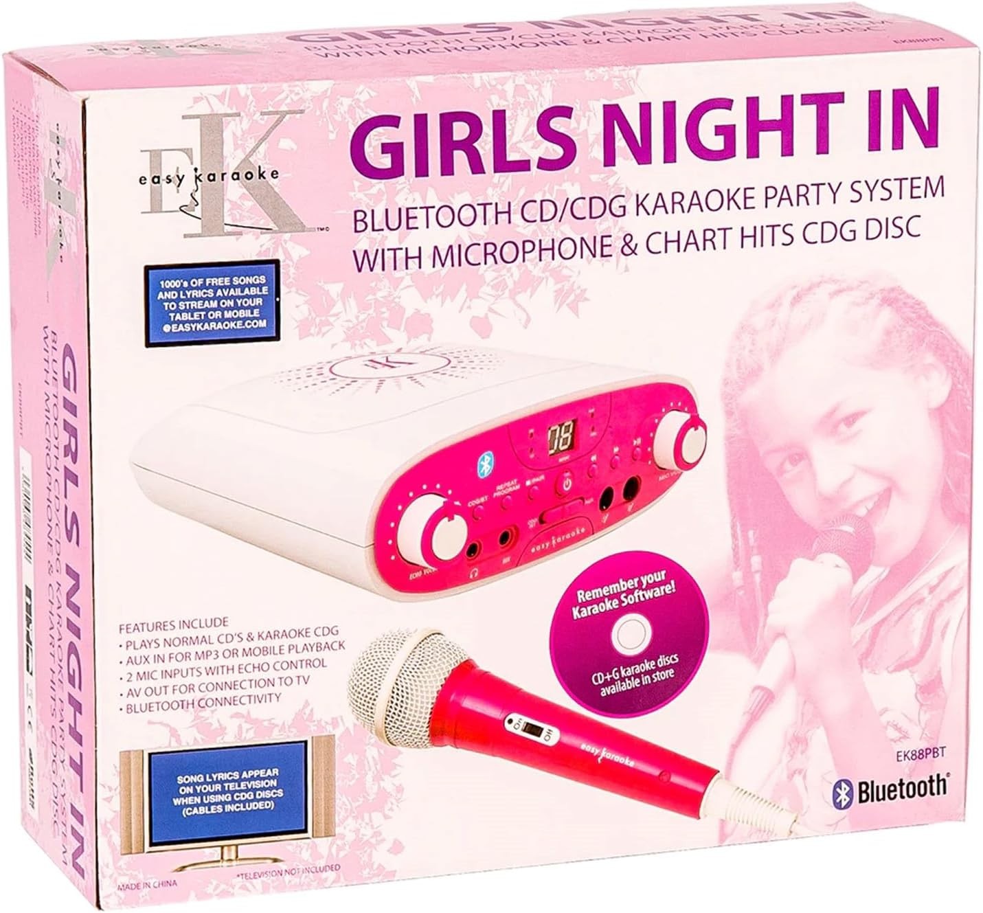 Pink Bluetooth Karaoke Machine with Mic AUX MP3 Headphone Jack
