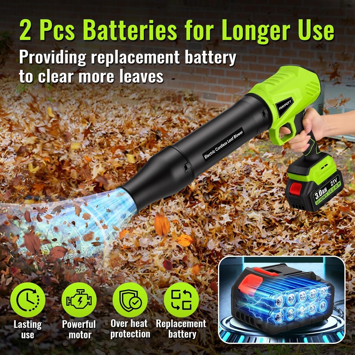 Cordless Leaf Blower Vacuum 21V Handheld Garden Cleaner 2 Batteries