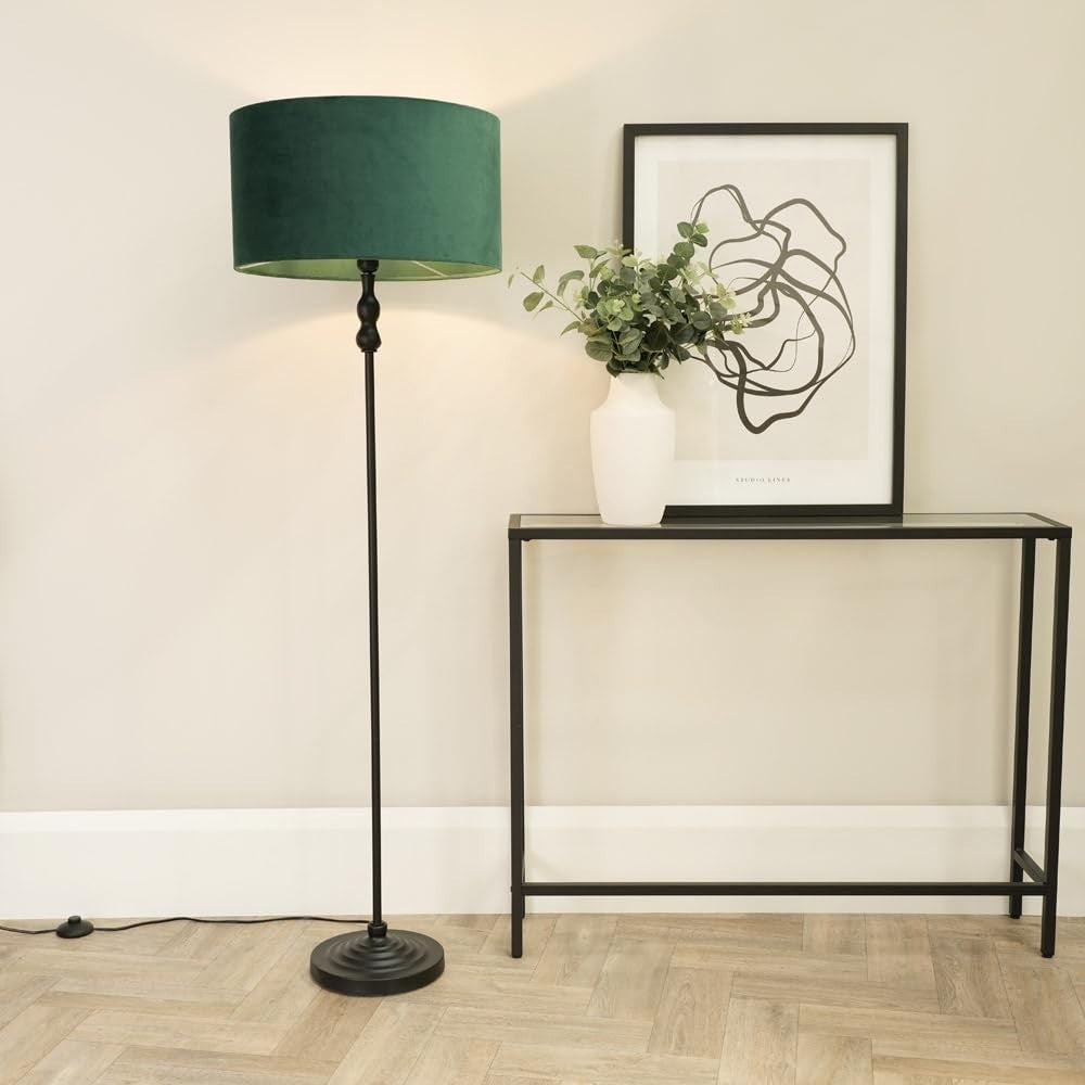 Metal Floor Lamp with Green Velvet Shade, LED Bulb Included, Modern Home Light