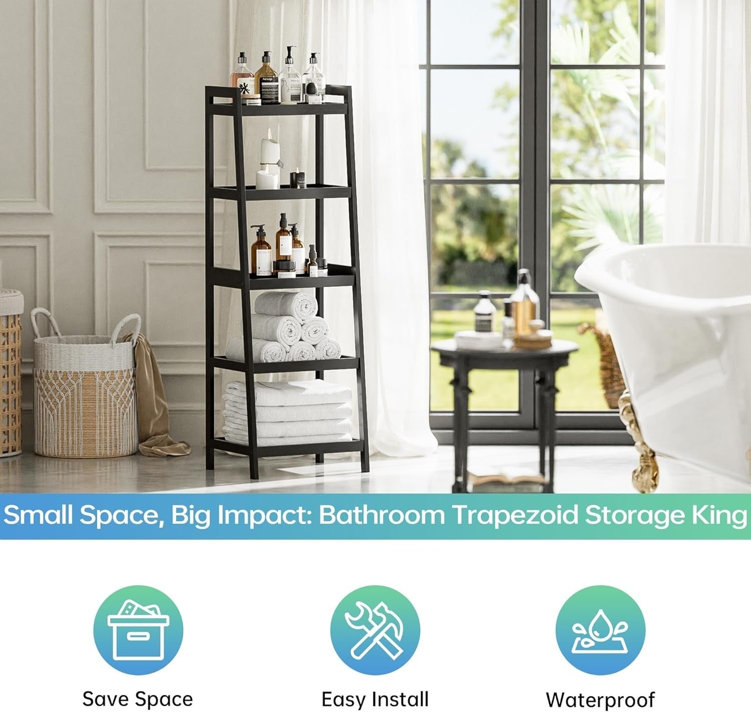 Bamboo Ladder Bookcase 5 Tier Slim Storage Shelf Bathroom Plant Stand