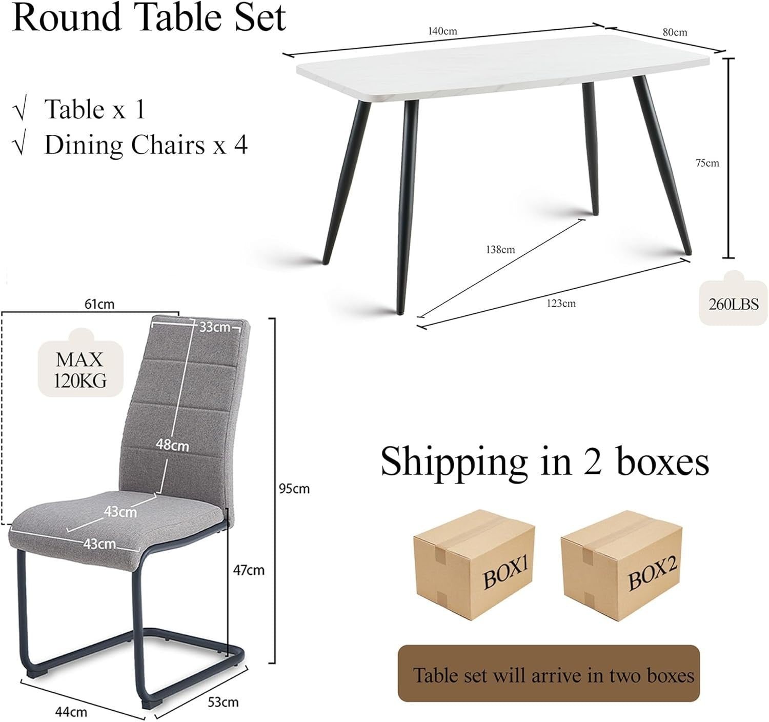5-Piece Dining Table & 4 Chairs Set, Modern Marble Effect, Space-Saving Design