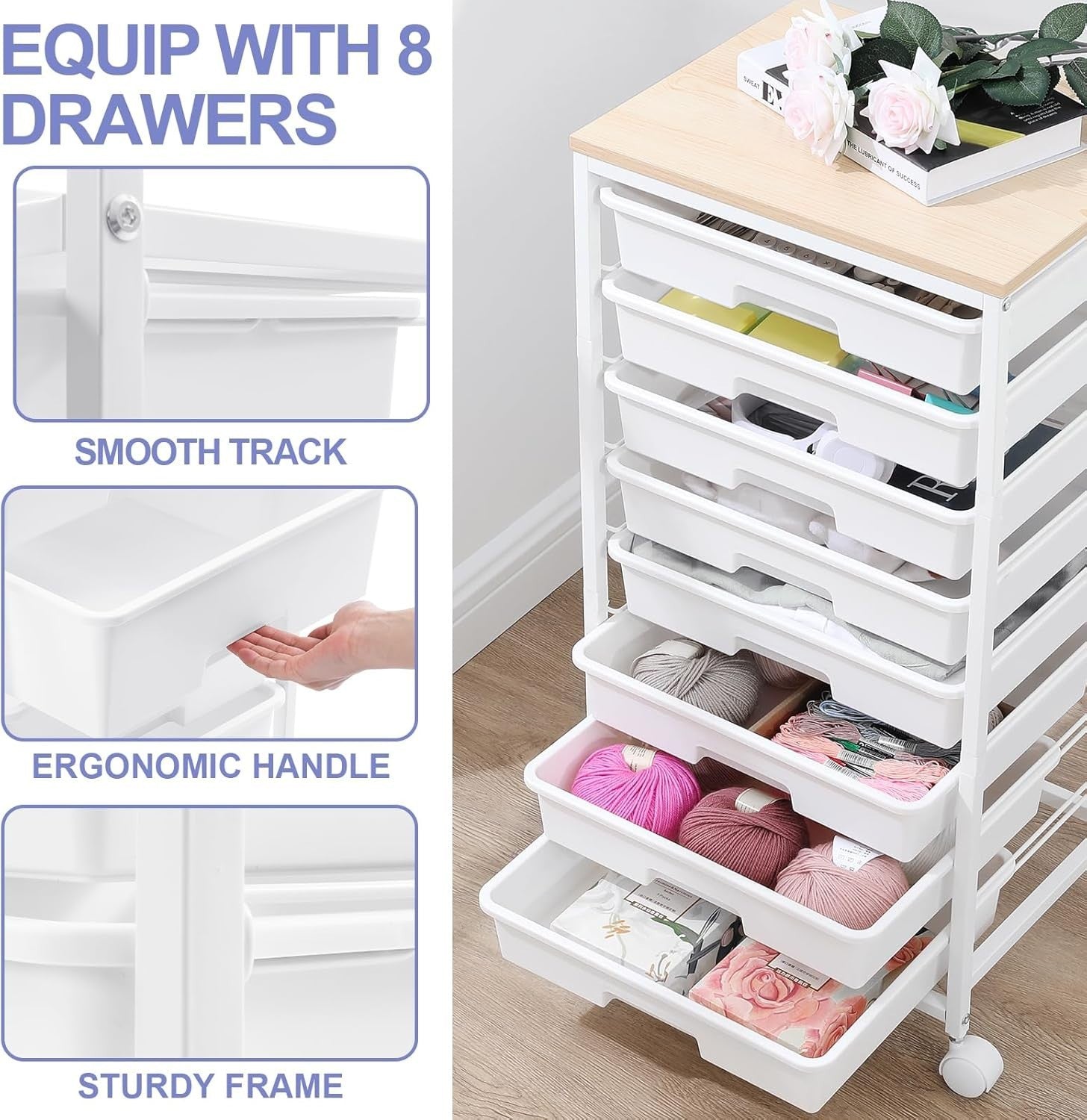 8 Drawer Mobile Storage Cart Rolling Utility Organizer White Trolley
