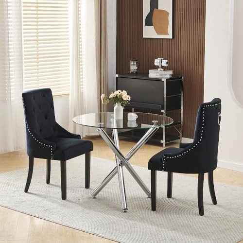 Modern 5-Piece Round Glass Dining Table Set with 2 Black Chairs Small Space