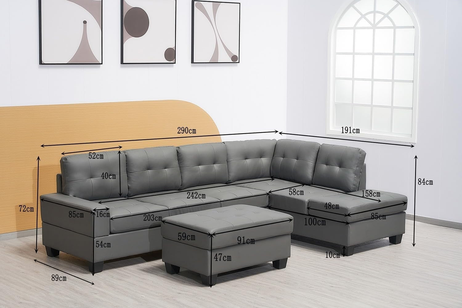 Modern Grey L-Shape Corner Sofa with Ottoman & Cup Holders, Space-Saving