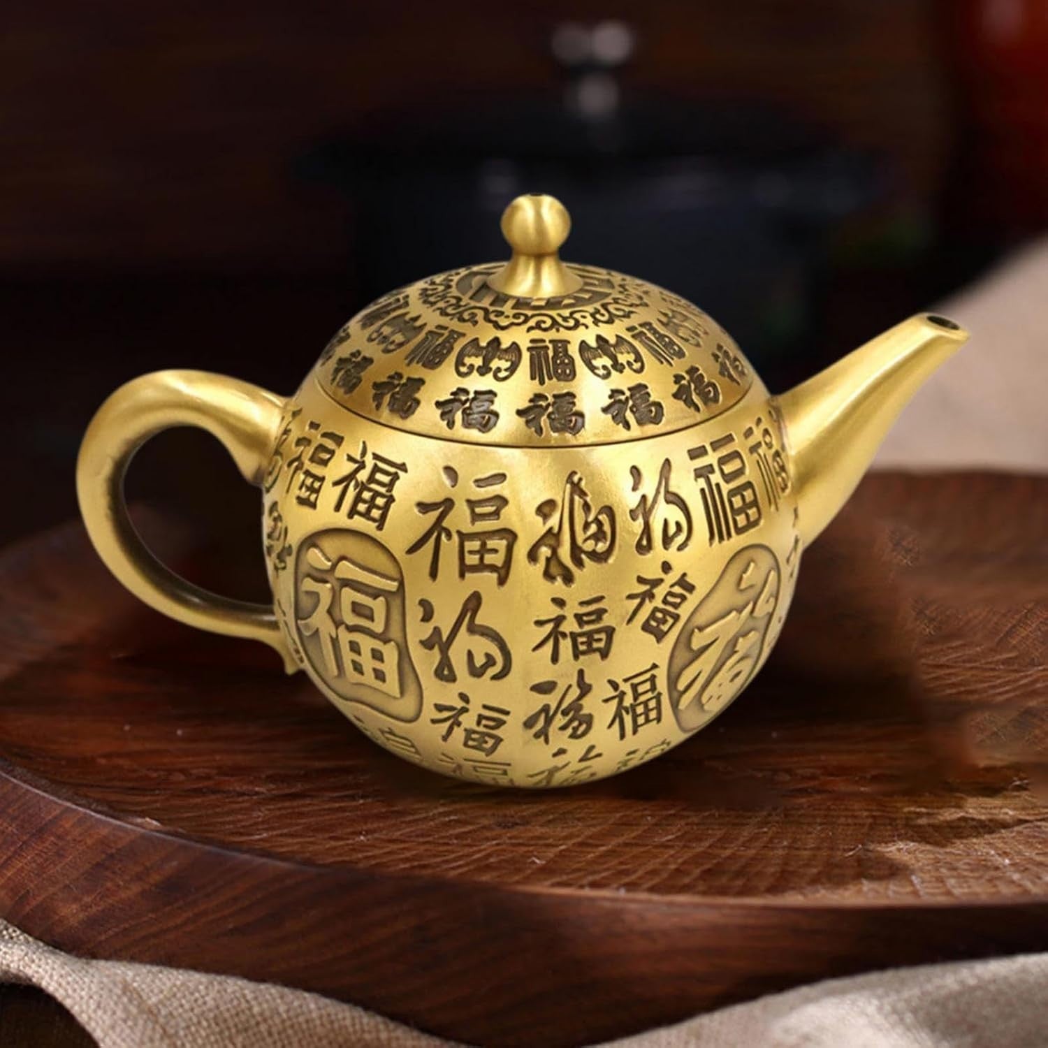 Brass Chinese Teapot Ornament Feng Shui Table Decor Good Luck Statue