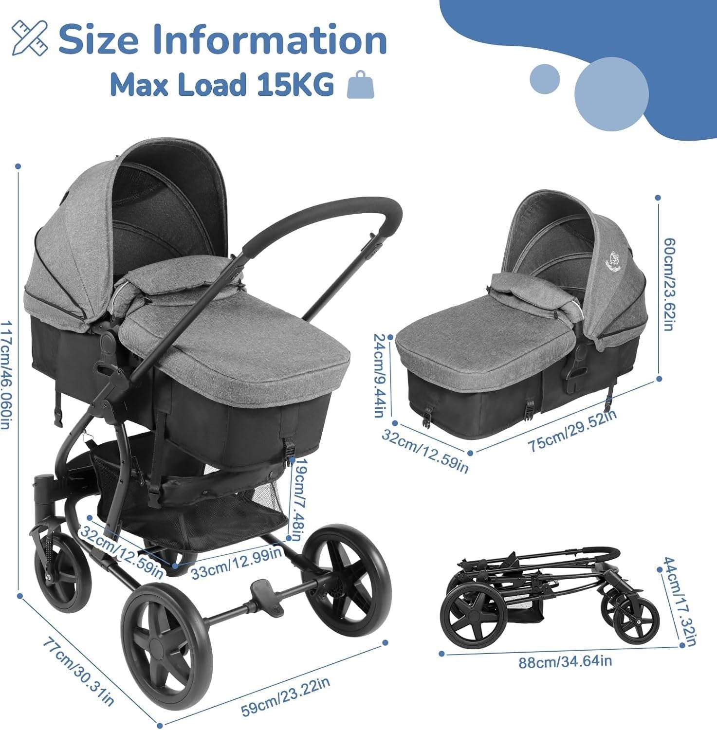 2in1 Baby Travel System Pushchair Reversible Seat Carrycot Lie-Flat Foldable