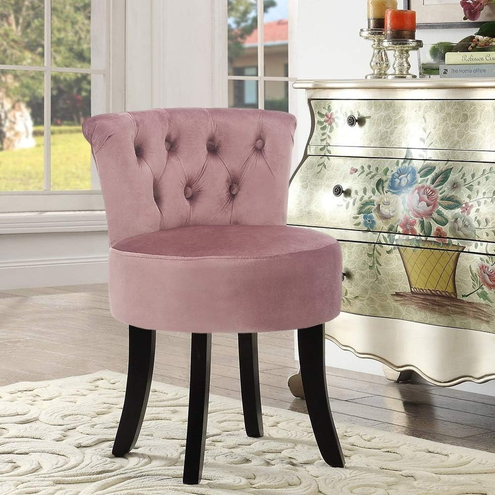 Pink High-Back Vanity Chair – Soft Linen Makeup Stool with Wooden Legs