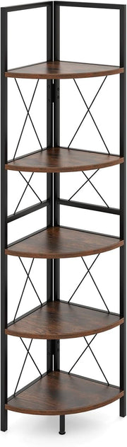 5-Tier Corner Ladder Shelf Rustic Brown | Space-Saving Display & Storage Unit