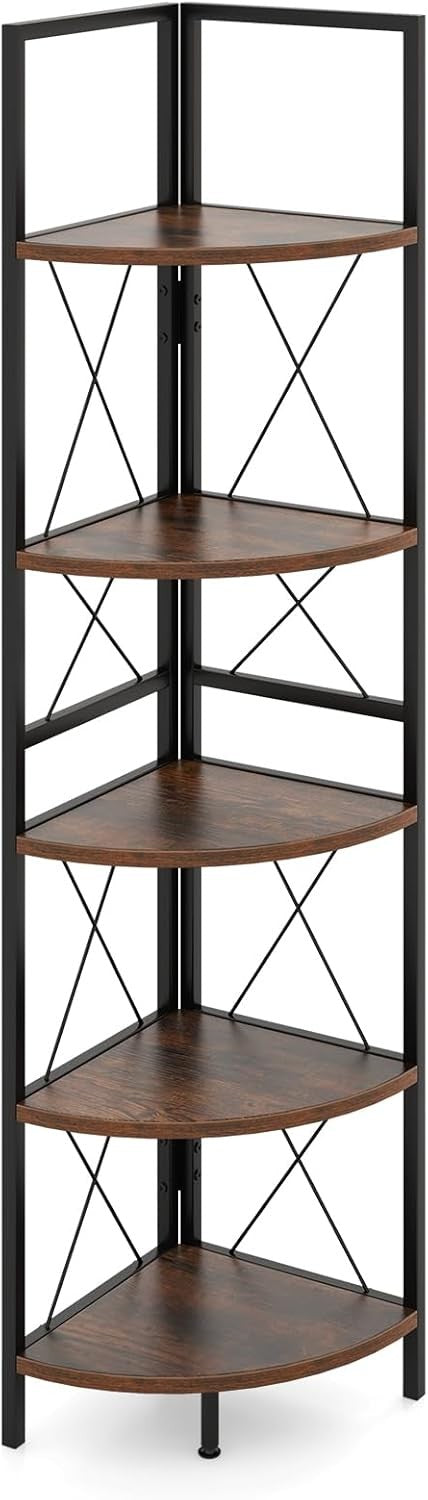 5-Tier Corner Ladder Shelf Rustic Brown | Space-Saving Display & Storage Unit