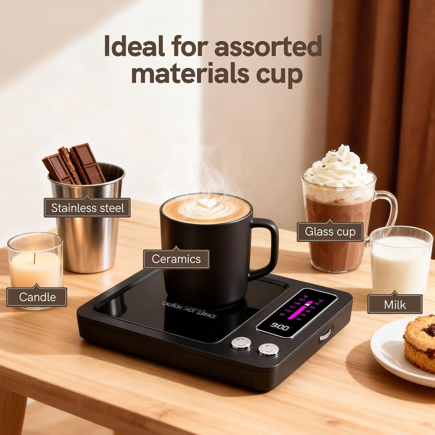 Coffee Mug Warmer 35-75°C 5 Temp 9H Auto Shut Off Desk Heater Black